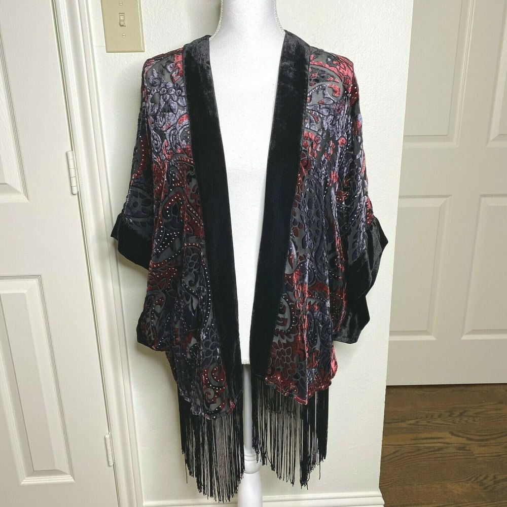 Chico's Travelers L XL Burgundy Gray Black Velvet Burnout Kimono Topper Duster